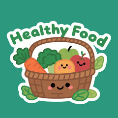 A cute and smiling basket of healthy food, including a carrot, broccoli, orange, and apples with the text 