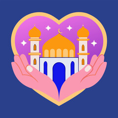 Conceptual background design featuring cupped hands gently holding a glowing heart symbolizing charity compassion and islamic faith perfect for donation campaigns and religious events