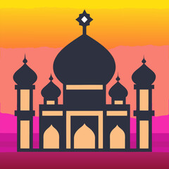 Mosque silhouette against gradient sunset sky with golden stars