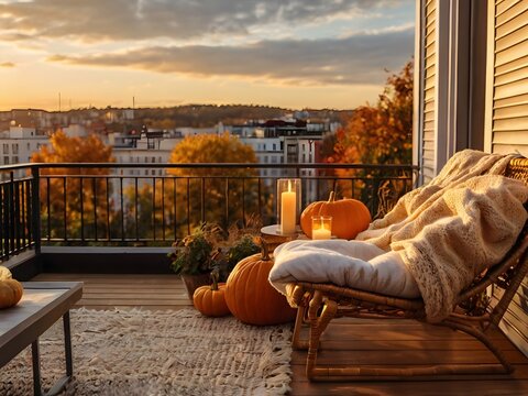 Cozy Autumn Balcony with Rattan Chair, Wool Blanket, and Pumpkins – Warm Sunset City View