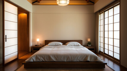 Japandi villa bedroom — low platform bed with linen sheets, shoji-style sliding doors, minimal decor, warm ambient lighting, bonsai on nightstand, serene and calming atmosphere