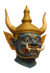 Naklejka premium Ornate traditional Asian ceremonial mask with gold and blue detailing and prominent horns on transparent background.