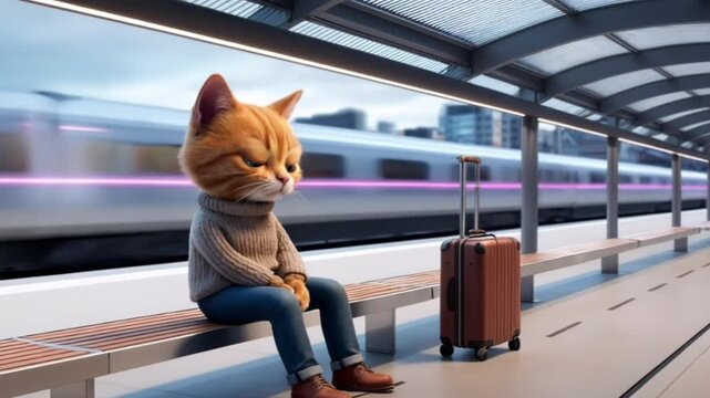 cute cat sitting on bench at train station as train passes by for use in travel, storytelling, or animal themed projects
