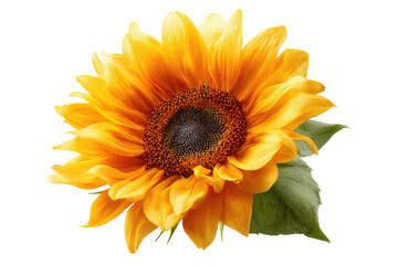 Fototapeta premium Close-up of a vibrant sunflower, petals in a warm orange-yellow hue, centered on a dark background. A dark brown, textured center surrounded by lush green leaves