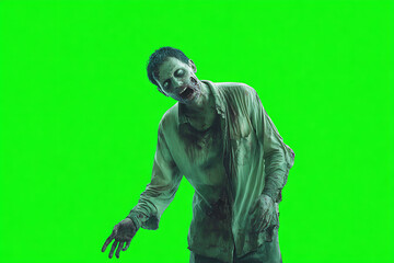 Zombie figure in tattered clothing, green screen background, eerie atmosphere, horror theme