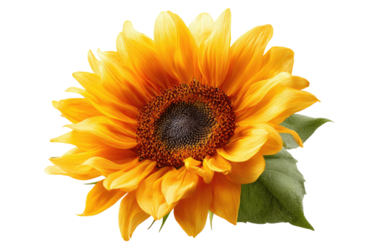 Close-up of a vibrant sunflower, petals in a warm orange-yellow hue, centered on a dark background.  A dark brown, textured center surrounded by lush green leaves - Powered by Adobe