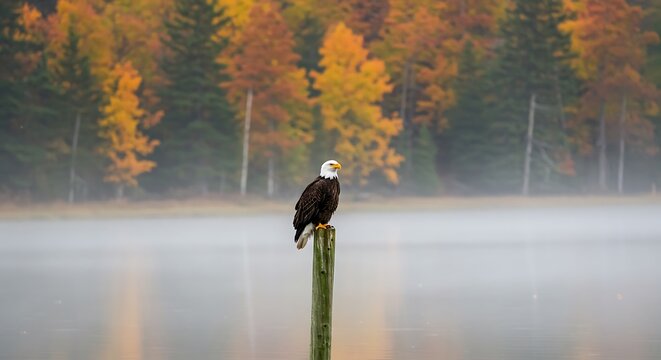 Majestic bald eagle perches on misty lake post with vibrant autumn forest backdrop creating a serene scene - Powered by Adobe