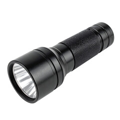 Black metal flashlight for illumination, exploration, and emergency use on transparent background