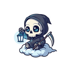 A cute cartoon grim reaper with big glowing eyes sits on a fluffy cloud, holding a lantern and scythe, blending spooky charm with an adorable heavenly twist.