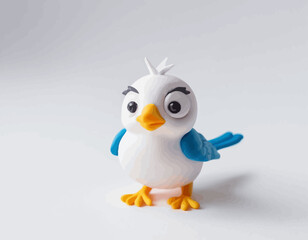 3d Colorful beautiful small bird vector. A high-quality, professional vector features a detailed figurine of a cartoonish blue and white bird. The bird, standing on a clean white surface.