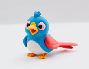 3d Colorful beautiful small bird vector. A high-quality, professional vector features a detailed figurine of a cartoonish blue and white bird. The bird, standing on a clean white surface.