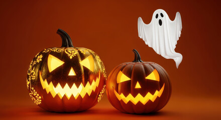 Fototapeta premium Illuminated Jack o' Lanterns with a Floating Ghost Against a Dark Orange Backdrop Creating a Festive and Eerie Scene for a Seasonal Celebration of Autumn