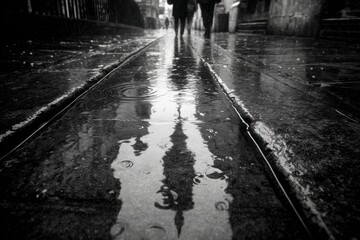 Fototapeta premium Rainy urban street in black and white, featuring wet pavement reflections.