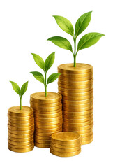 Stacks of gold coins with green seedlings growing on top, symbolizing financial growth and investment on transparent background.