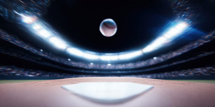 Baseball flying towards home plate under stadium lights at night. Epic sports banner with copy space
