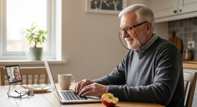 Senior Man Engaging in a Video Call While Working at Home Comfortably - Powered by Adobe