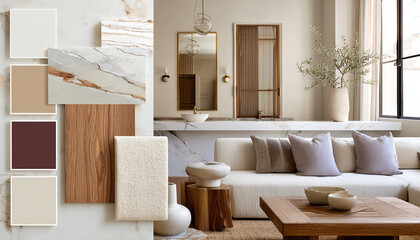 Layout de moodboard de materiais, amostras de cores e acabamentos, peças de mobiliário, para um design de interior costeiro luxuoso com toque clássico, apresentando detalhes de painéis elegantes, banc