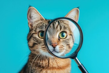 Cat with magnifying glass on solid color background