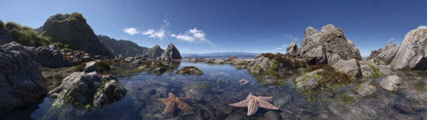 Fototapeta premium Starfish gathering coastal rocks hdr panorama