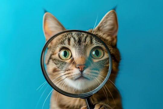 Cat with magnifying glass on solid color background