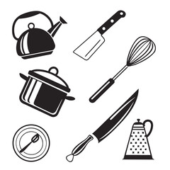 Minimalist Kitchen Utensil Silhouettes – Vector Icons of Cooking Tools, Cutlery, and Kitchenware for Culinary, Food Prep, and Home Design Projects 
