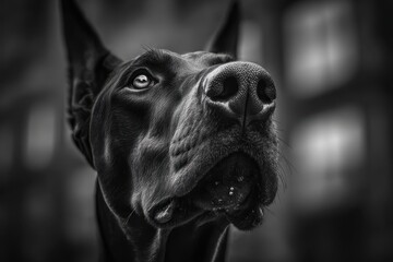 Majestic Doberman Pinscher captured in a striking black and white close-up portrait.