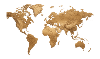 Textured gold-colored world map highlighting continental shapes and details on transparent background.
