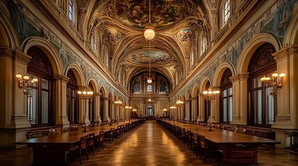 Fototapeta premium Grand public library hall with intricate vaulted ceilings detailed murals and ornate chandeliers Long wooden tables are arranged for study with lamps casting soft light