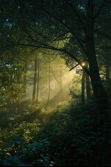 Obraz premium Sunlight filtering through a lush green forest canopy creating ethereal light beams illuminating the undergrowth