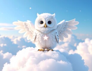 Obraz premium Adorable white snowy owl with outstretched wings and glowing star pendant perched on fluffy clouds in a bright blue sky.