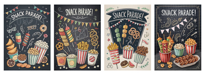 Obraz premium Set of four posters featuring whimsical snack parade illustrations on a chalkboard background