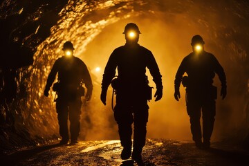 Miners with headlamps entering underground gold mine