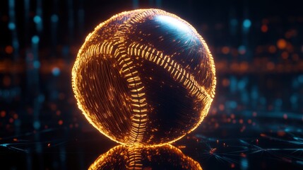Futuristic baseball sphere emanating digital energy on a reflective surface