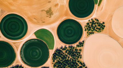 Aerial view of circular crop fields in desert landscape with geometric patterns and contrasting colors