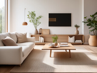 Fototapeta premium Interior design image of bright space with clean lines and wooden furniture Minimalist living room with neutral tones and natural lighting for classroom use