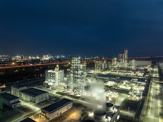 areial view oil refinery at night