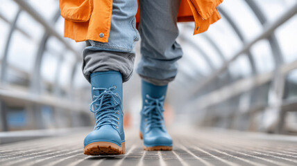 close view of engineer shoes while walking