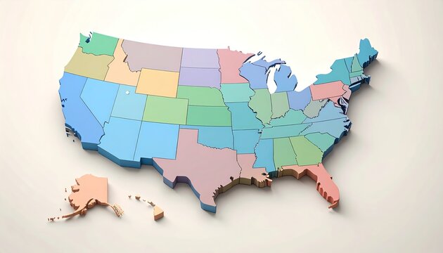 Colorful 3D map of the United States, highlighting individual states.
