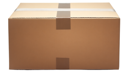 Sealed cardboard box with packing tape sits isolated on white or trasparent png.