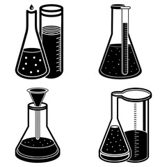 Illustration of four laboratory glassware items including flasks and graduated cylinders in black and white
