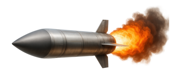 Metallic rocket with fiery exhaust and smoke elements on transparent background.