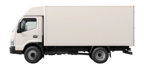 Side view of a white delivery truck with a cargo box, showcasing its simple design and wheels, on transparent background.
