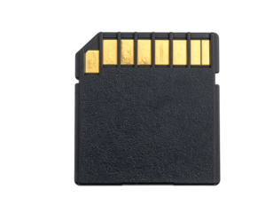 Black micro SD card with gold connectors for data storage on transparent background