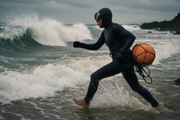 A person in a wetsuit and goggles runs along the shoreline, carrying a buoy and rope, amidst crashing waves. Concept Wetsuit Adventure, Shoreline Run, Buoy and Rope, Ocean Waves, Action Photography