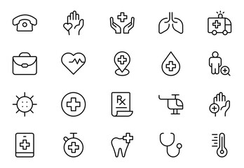 Medical and Health line icon set. Medicine and Health Care linear icon collection. Containing emergency, doctor, treatment, medical, report, diagnosis, health, prevention. Editable stroke