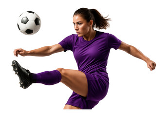 Fototapeta premium Female soccer player in purple kit performing a powerful kick with a soccer ball on transparent background.