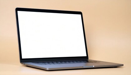 Fototapeta premium Laptop Mockup Open At 45 Degrees Against Soft Beige Background