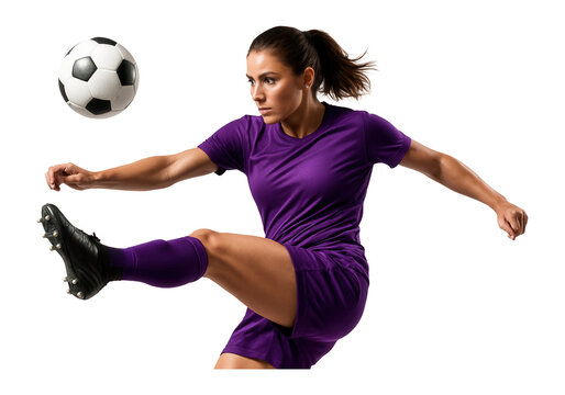 Female soccer player in purple kit performing a powerful kick with a soccer ball on transparent background.