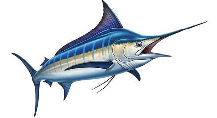 A blue marlin fish with an open mouth isolated on transparent background