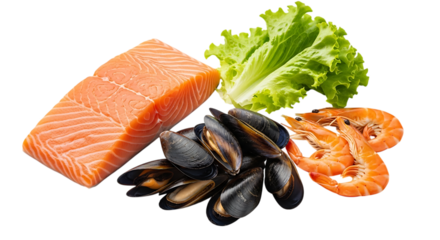 Fresh salmon fillet with mussels, shrimp, and lettuce isolated on transparent background